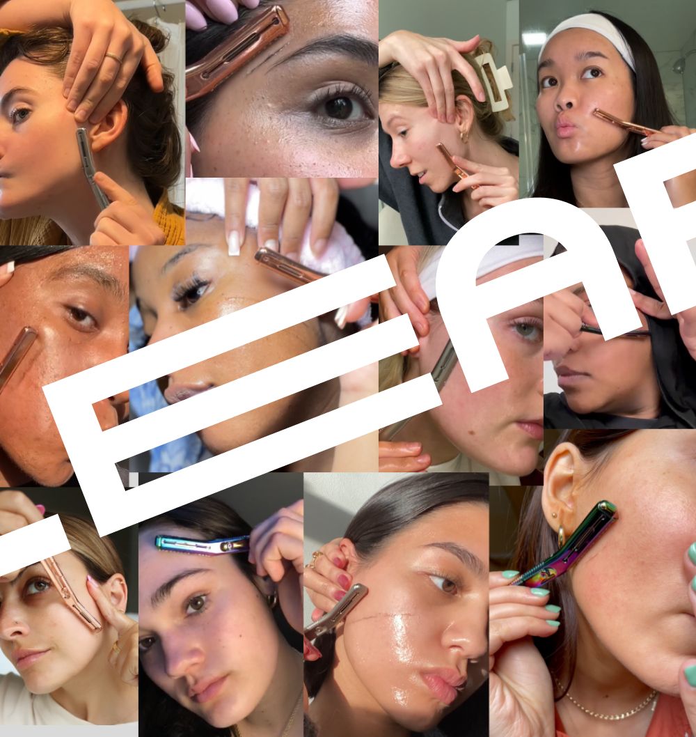 Collage of multiple women using Leaf Shave dermaplaners on their faces in various bathroom settings