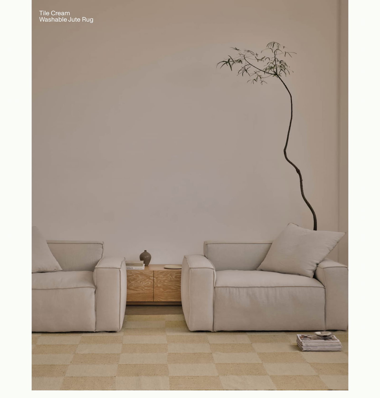 Tile Cream Washable Jute Rug