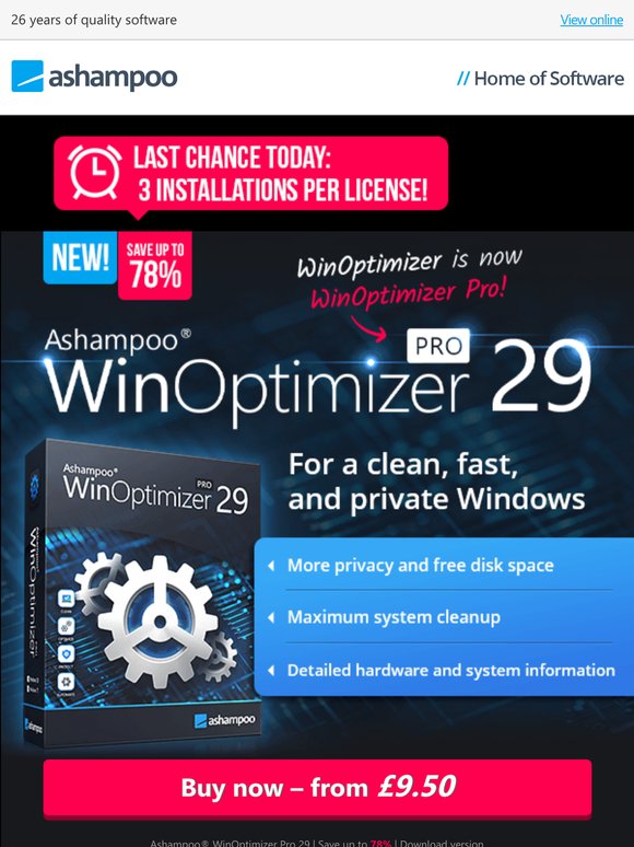 Out Now: Save up to 78% - Ashampoo WinOptimizer Pro 29