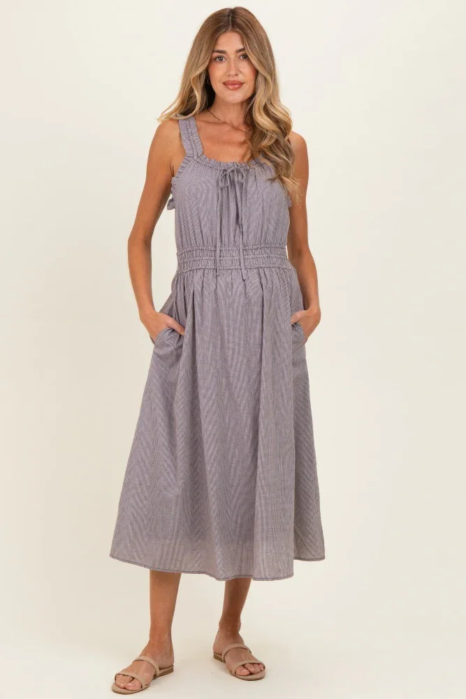 Image of Brown Cinched Waist Front Tie Maternity Midi Dress