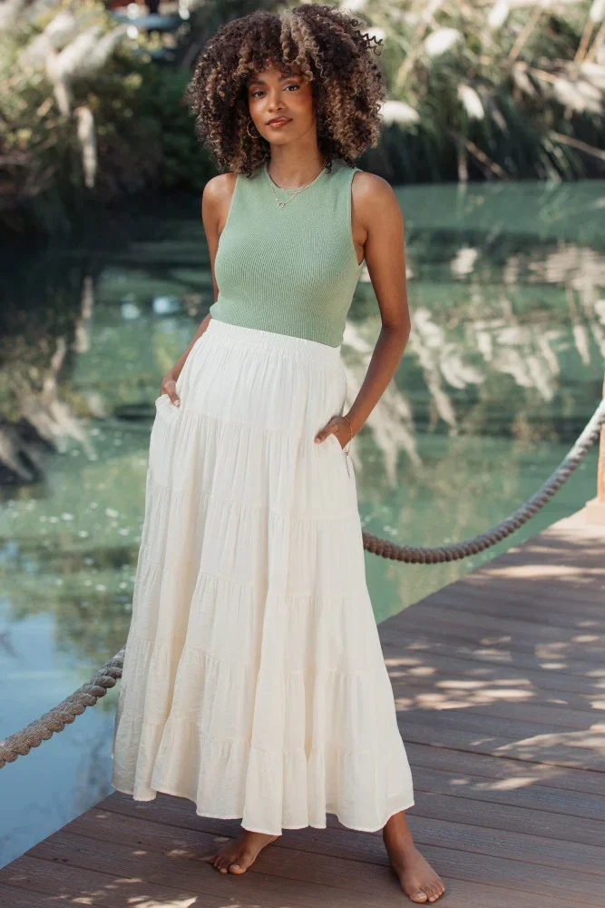 Image of Cream Tiered Maternity Maxi Skirt