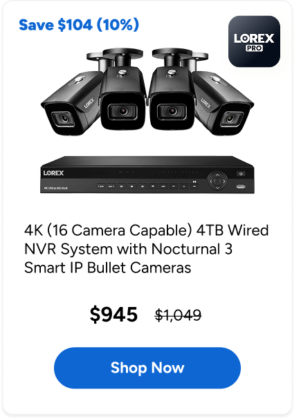 4K (16 Camera Capable) 4TB Wired NVR System with Nocturnal 3 Smart IP Bullet Cameras with Listen-In Audio and 30FPS
