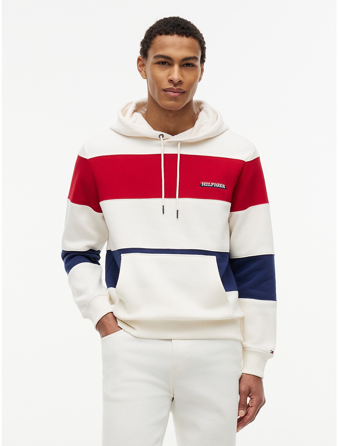 Image of Tricolor Stripe Brushed-Back Hoodie