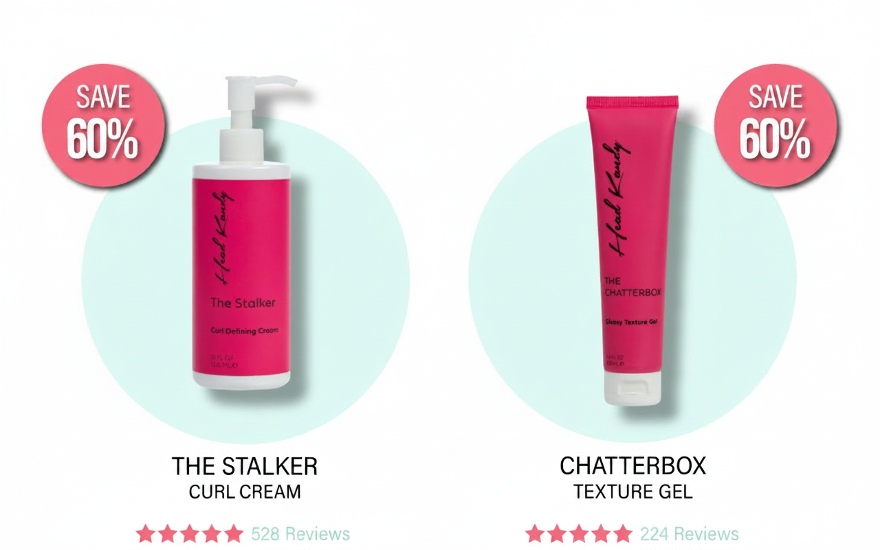 Two Head Kandy hair products, "The Stalker Curl Cream" and "Chatterbox Texture Gel," are shown with 60% off sale tags.