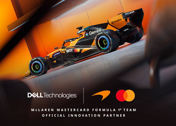 A McLaren Formula One race car with text over image: Dell Technologies | McLaren Mastercard Formula 1 Team official innovation Partner 