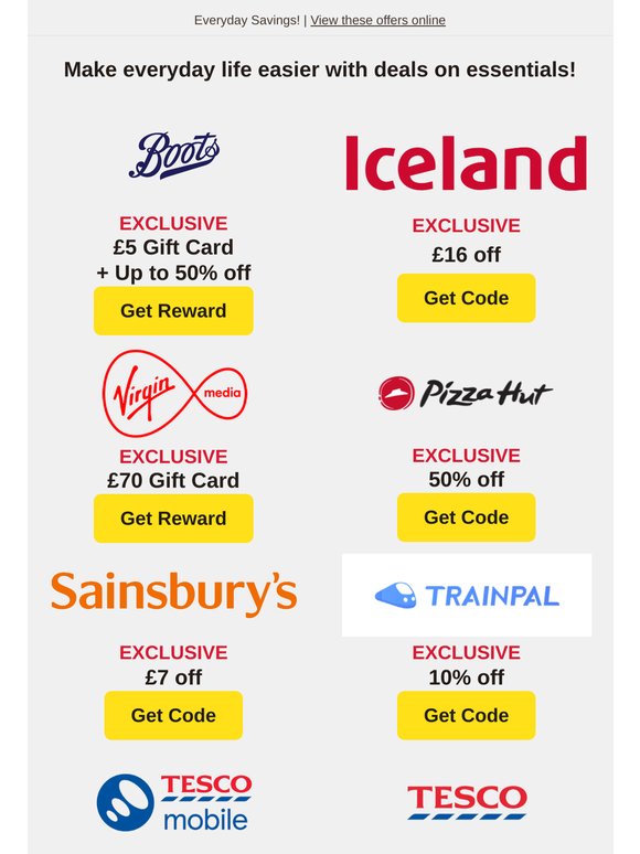 £5 Gift Card at Boots, £16 off at Iceland, £70 Gift Card at Virgin Media