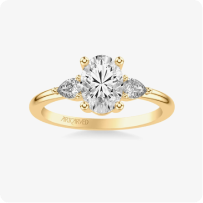 Kelly. ArtCarved Oval Diamond Three Stone Engagement Ring Setting in 14k Yellow Gold
