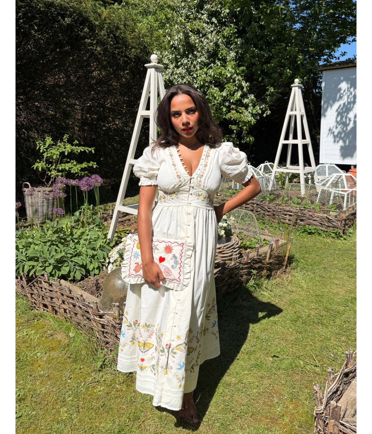 White Embroidered Puff Sleeve Saffy Midi Dress
