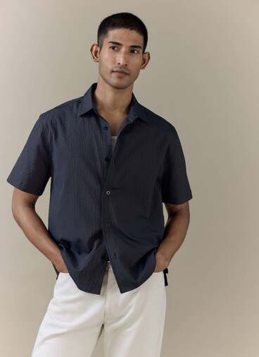Rowan Seersucker Boxy Shirt | Cotton | Navy Stripe