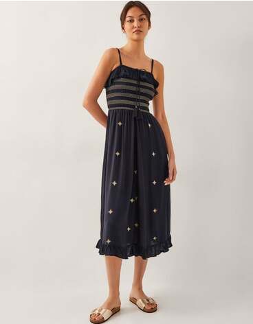 Blair Embroidered Frill Midi Dress Black