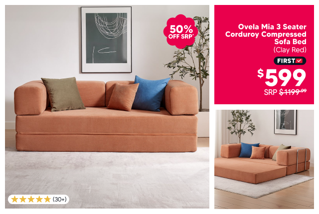 Ovela Mia 3 Seater Corduroy Compressed Sofa Bed (Clay Red)