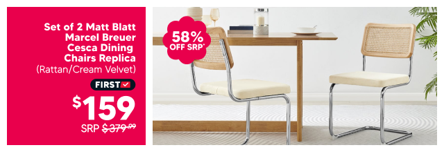 Set of 2 Matt Blatt Marcel Breuer Cesca Dining Chairs Replica (Rattan/Cream Velvet)