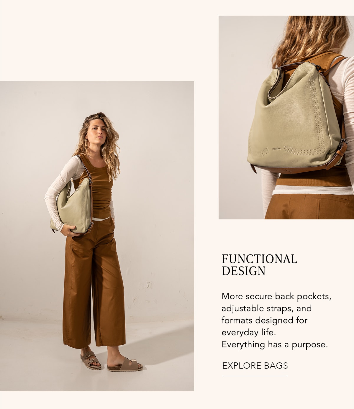 DISEÑO FUNCIONAL Bolsillos traseros más seguros, asas regulables y formatos pensados para el día a día. Todo tiene un por qué. EXPLORAR BOLSOS