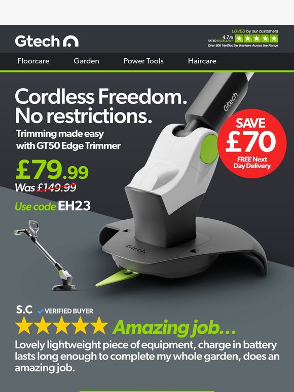 Don't miss £70 off the Cordless Grass Trimmer GT50