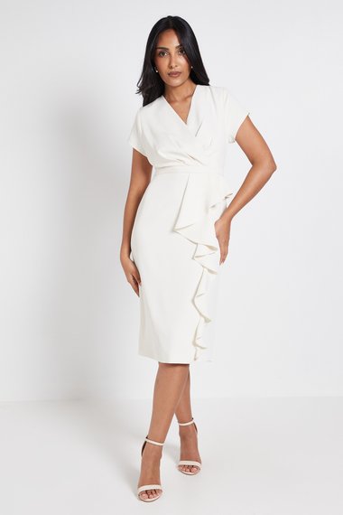 Petite Tailored Crepe Ruffle Pencil Dress