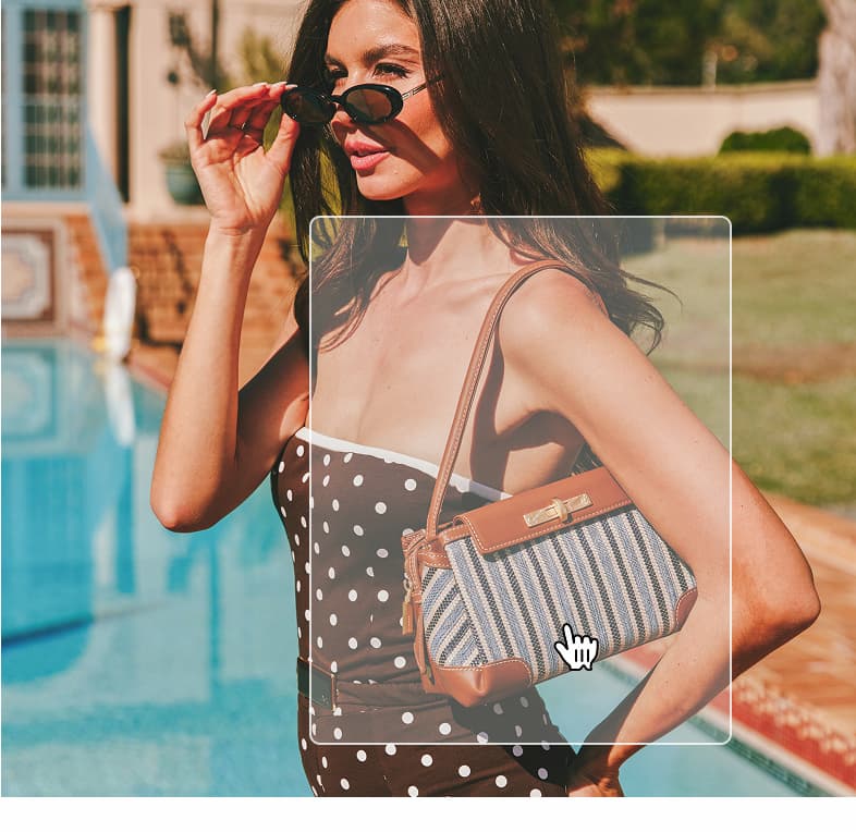 Model by pool with charlotte-med-shoulder-bag-cabana-blue-brushed-gold