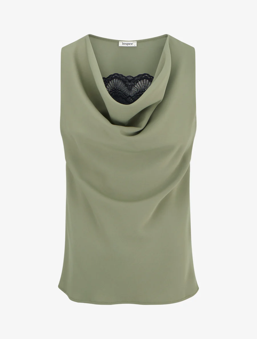 Top satiné col bénitier dentelle - Kaki