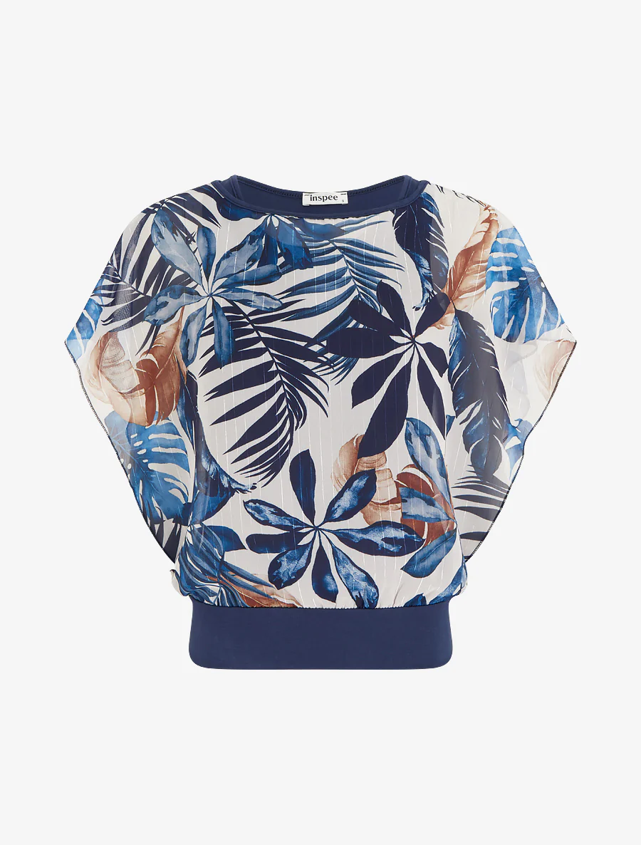 Top boule col rond imprimé tropical - Marine