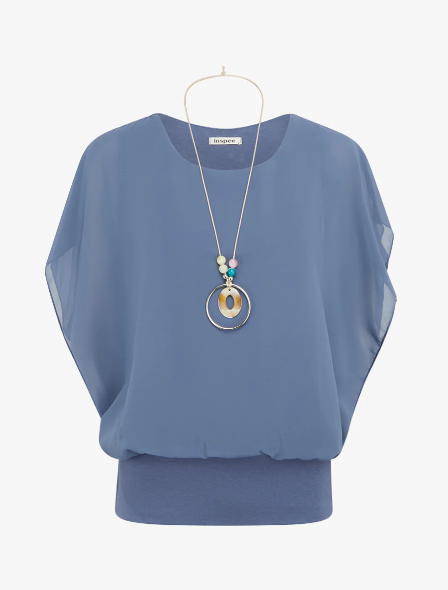 Top boule col rond manches chauve-souris - Bleu gris