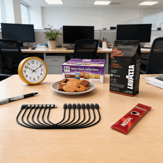 Products such as coffee, a pen, biscuits, a clock and cables placed on a desk in an office environment