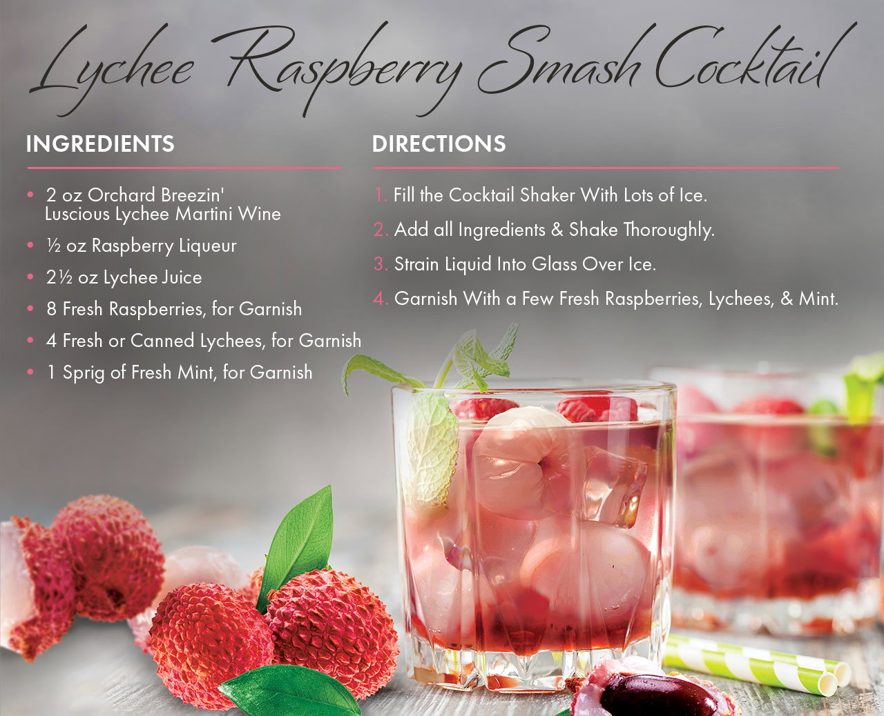 Ingredients for a Lychee Raspberry Smash Cocktail