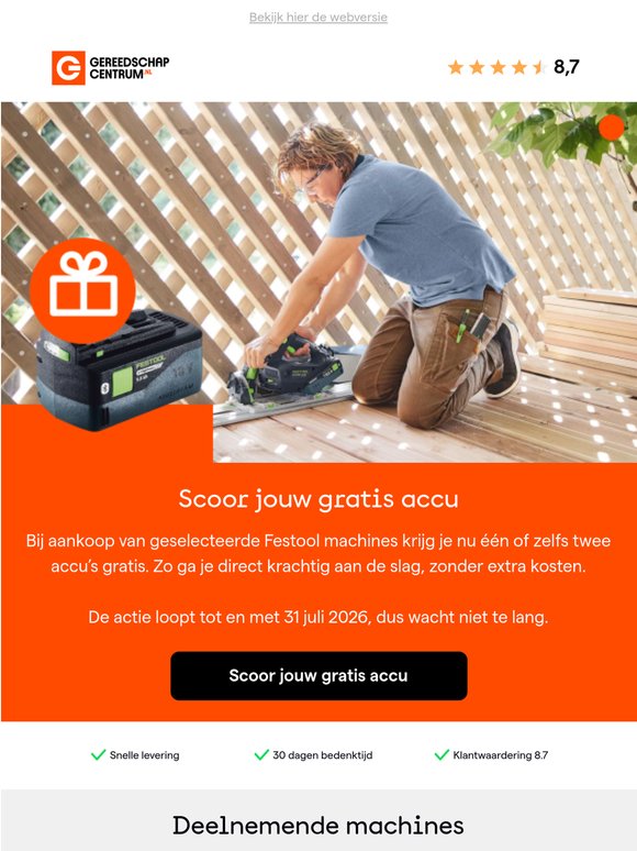 Ontvang een gratis Festool accu bij je aankoop