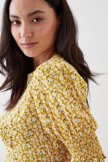 Petite Yellow Ditsy Shirred Cuff Midi Dress