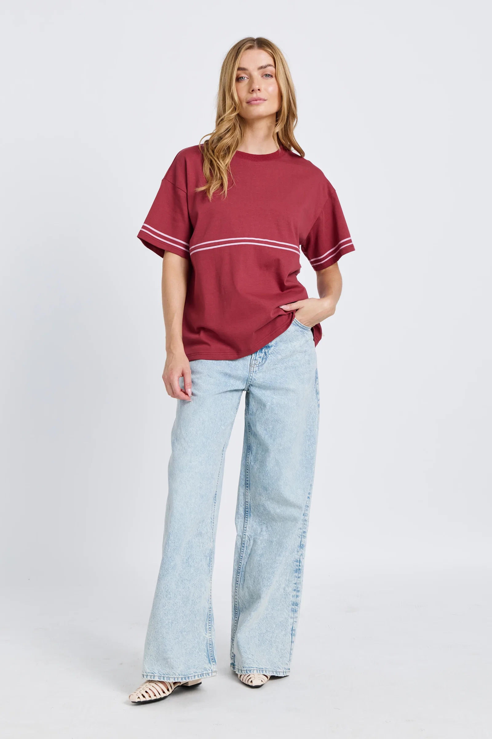 Image of Saxon Stripe Detail Panel Tee - Red / Pink