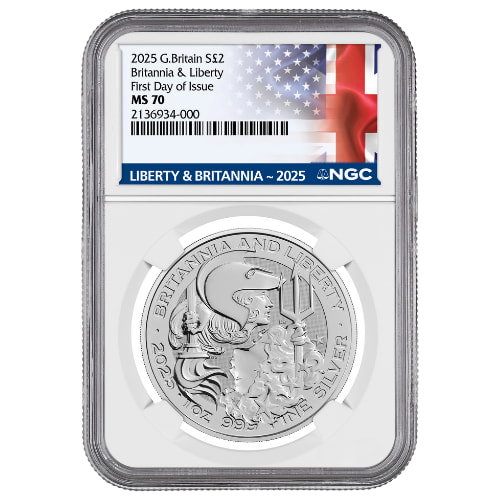 Image of 2025 NGC MS-70 First Day of Issue 1 oz British Silver Britannia and Liberty Coin
