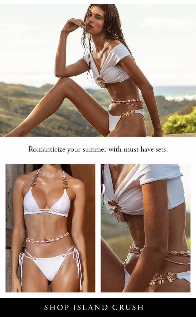 Model wearing a white and gold flower bikini. Shop Island Crush . 