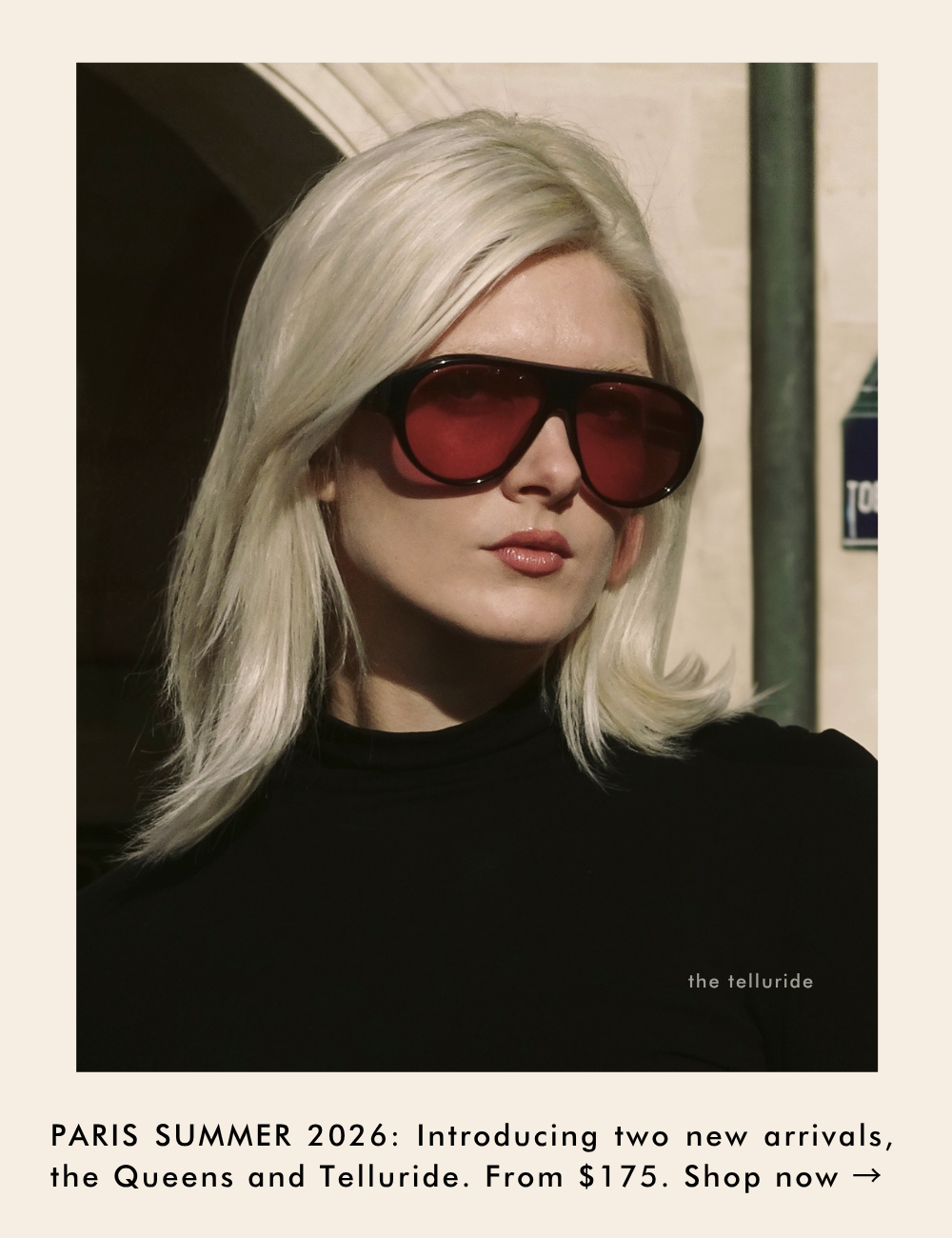 A framed campaign image of a platinum blonde woman wearing a black turtleneck and the Telluride sunglasses with red lenses. Below the image, text reads: 