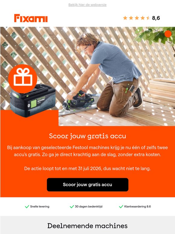 Ontvang een gratis Festool accu bij je aankoop