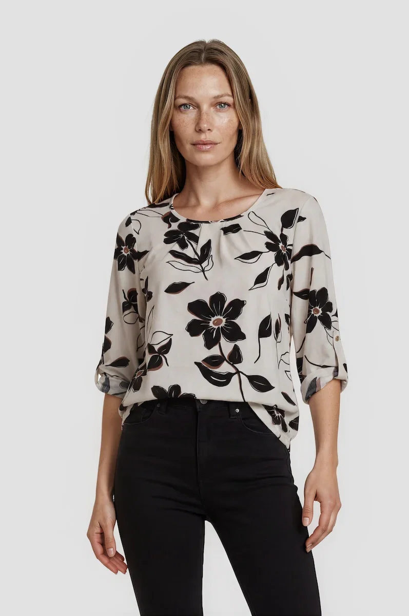 Image of Printed Roll Up Sleeve Shirt - Cream