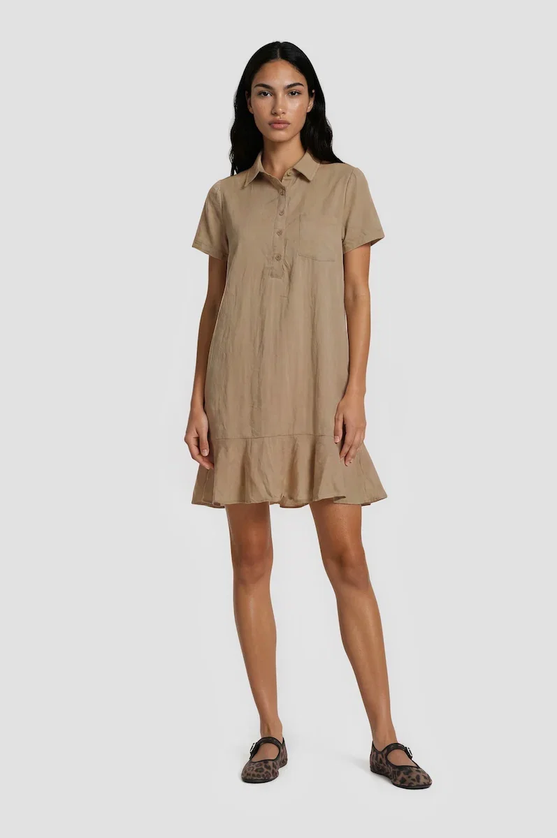 Image of Short Sleeve Tiered Dress - Camel