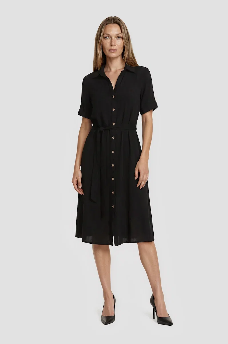 Image of Short Sleeve Button Up Midi Dress - Black