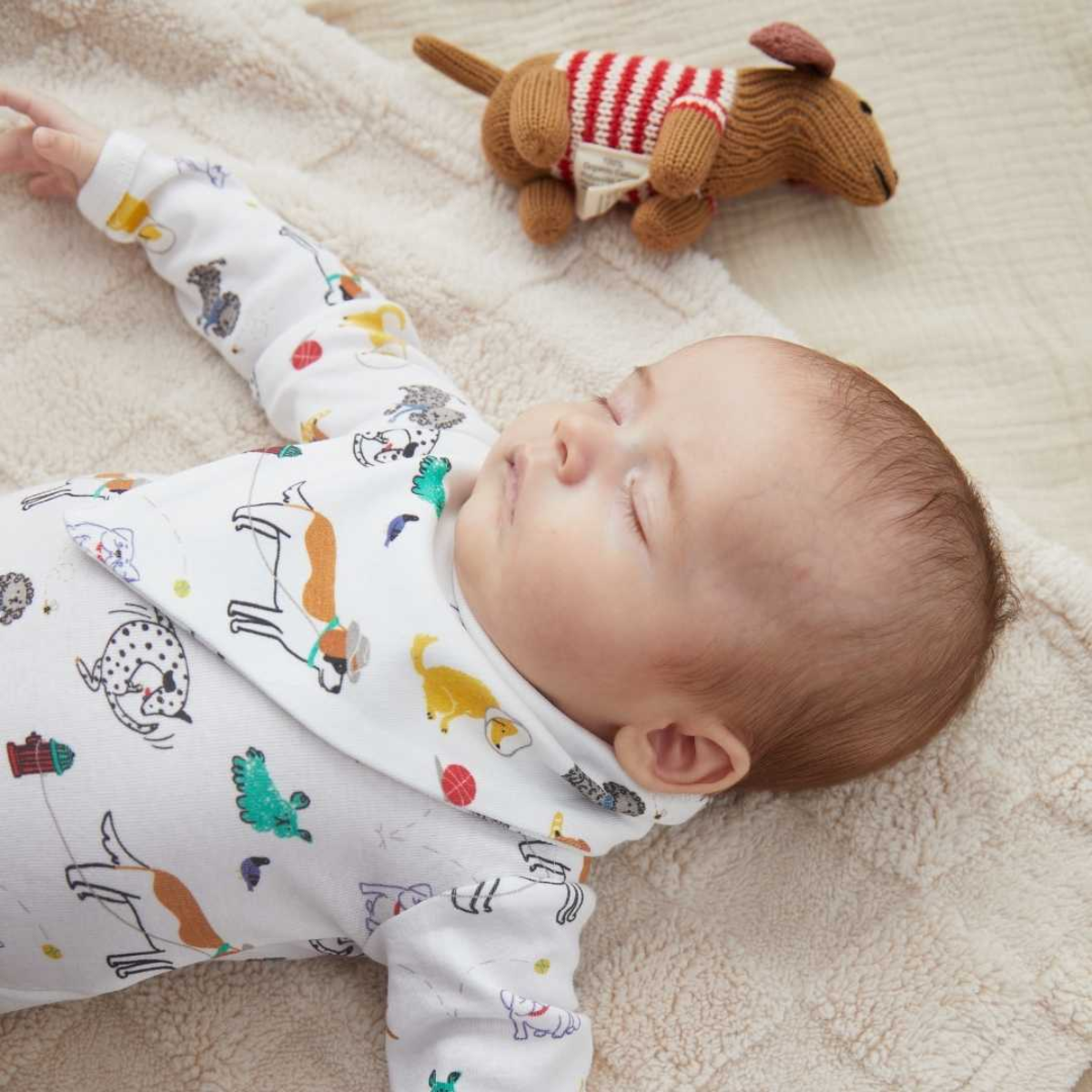 Cuddle Me Dog Baby Gift Set featuring organic romper with dog print, embroidered dog bib, and hand-knit dog rattle