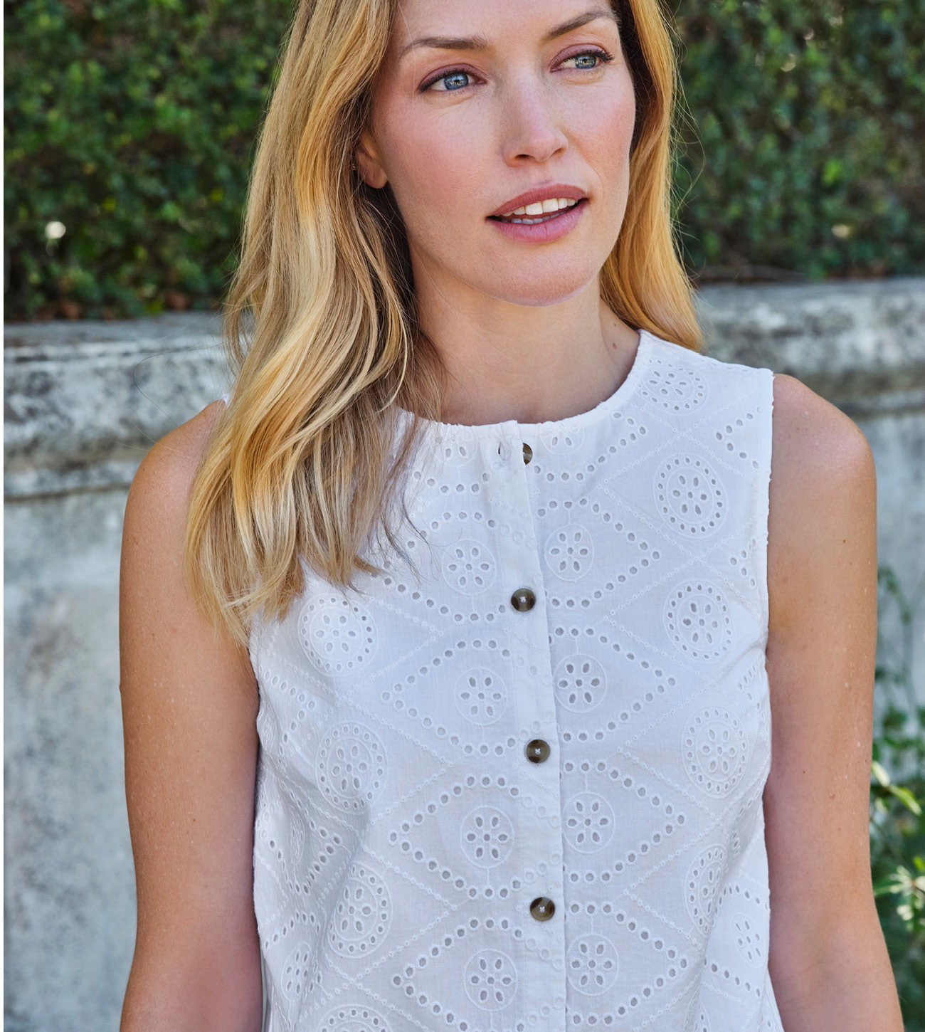 Sleeveless Broderie Button Through Top