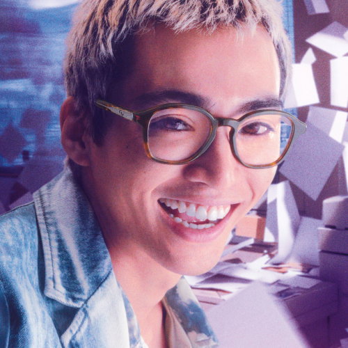 A person wearing Diesel eyeglasses
