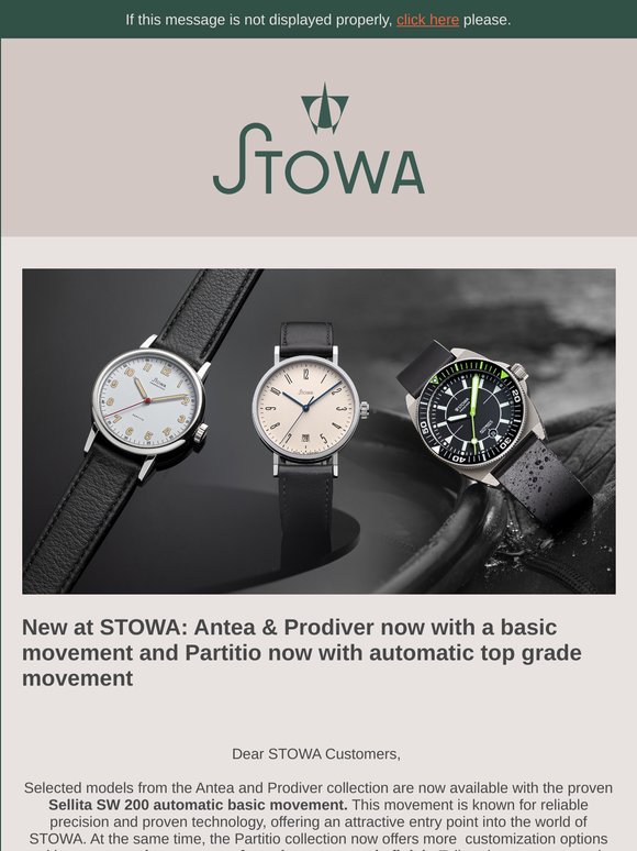 New at STOWA: Antea & Prodiver now with a basic movement and Partitio now with automatic top grade movement