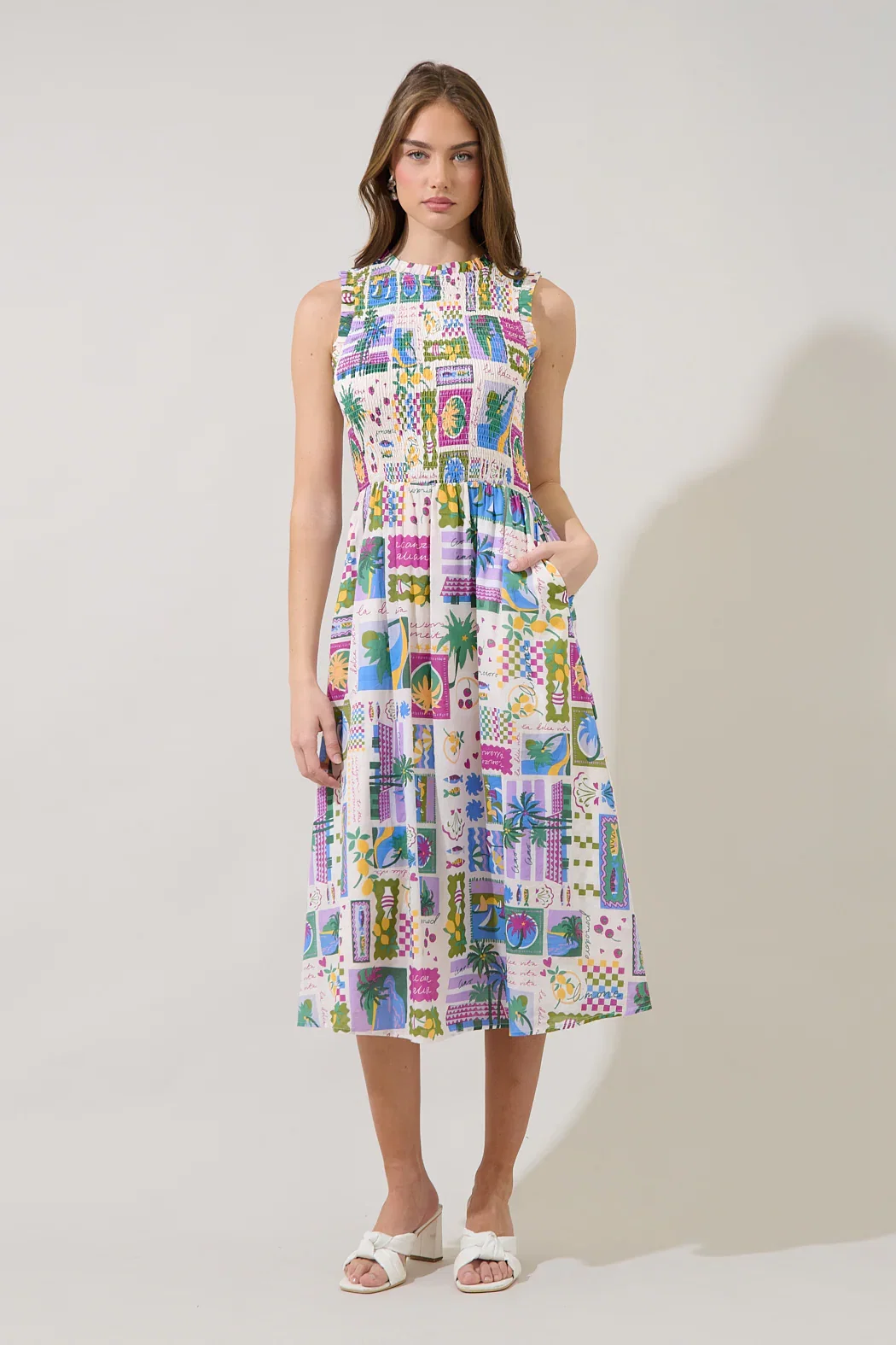 Image of Caren Smocked Sleeveless Midi Dress Postcard