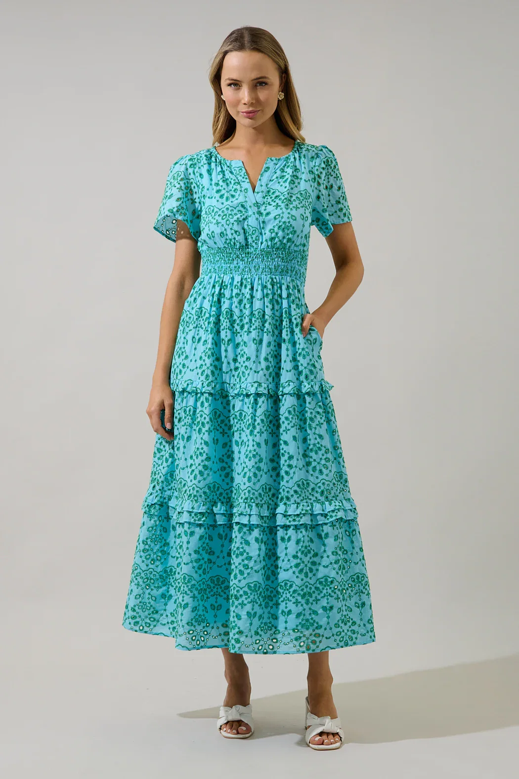 Image of Viridiana Floral Eyelet Palmer Poplin Tiered Maxi Dress