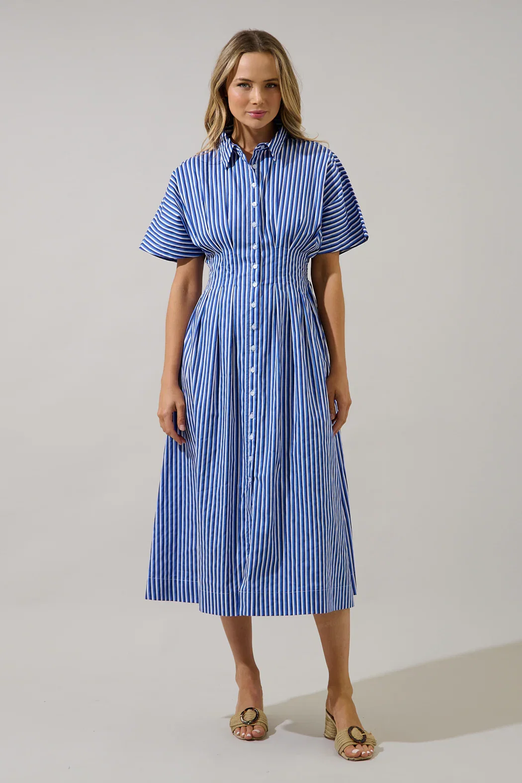 Image of Wilderra Pleated Midi Dress Barklin Stripe