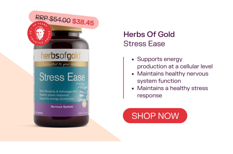 Herbs of Gold Stress Ease  RRP 54.00 $38.45 Shop Now  Supports a healthy stress response Supports energy production Enhances physical stamina and performance