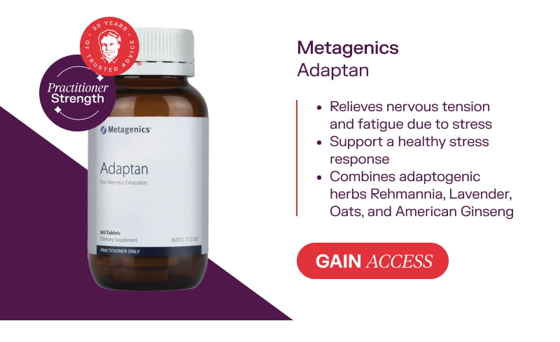 Metagenics Adaptan Gain Access  Relieves nervous tension and fatigue due to stress Support a healthy stress response Combines adaptogenic herbs Rehmannia, Lavender, Oats, and American Ginseng