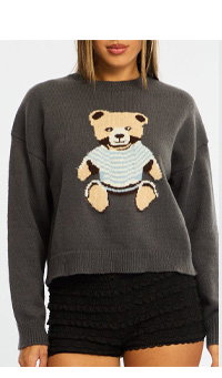 Grey Graphic Knit Jumper Teddy Bear Design
