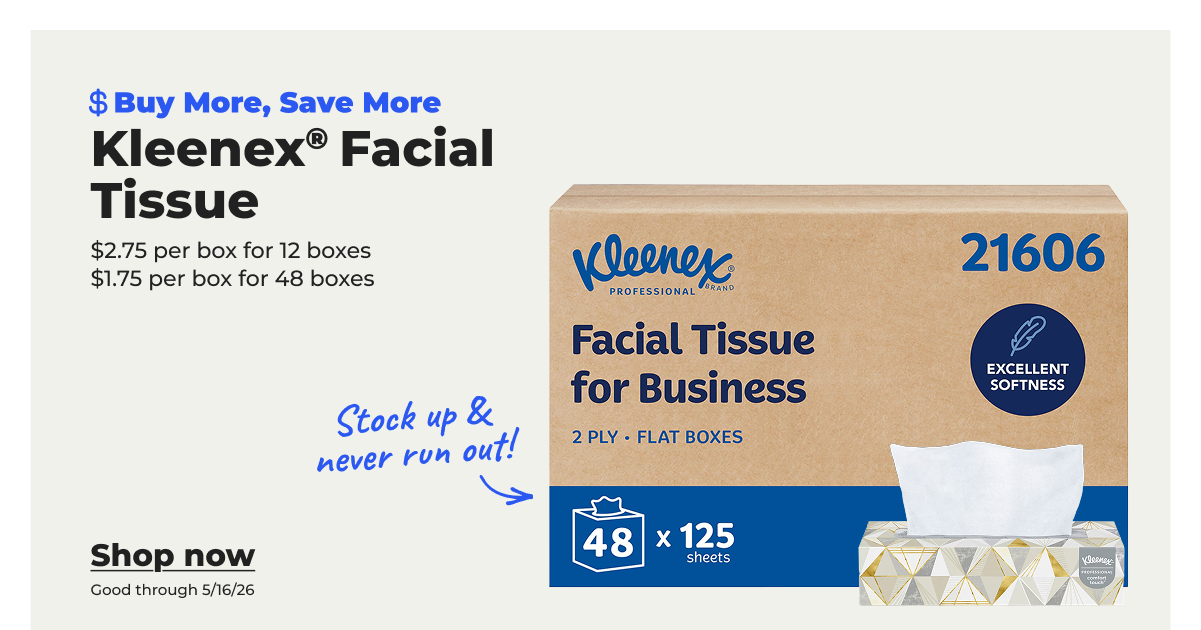 Stock up and never run out! Buy more, Save more: Kleenex® Facial Tissue ($2.75 per box for 12 boxes; $1.75 per box for 48 boxes) Good through 5/16/26 - Shop now