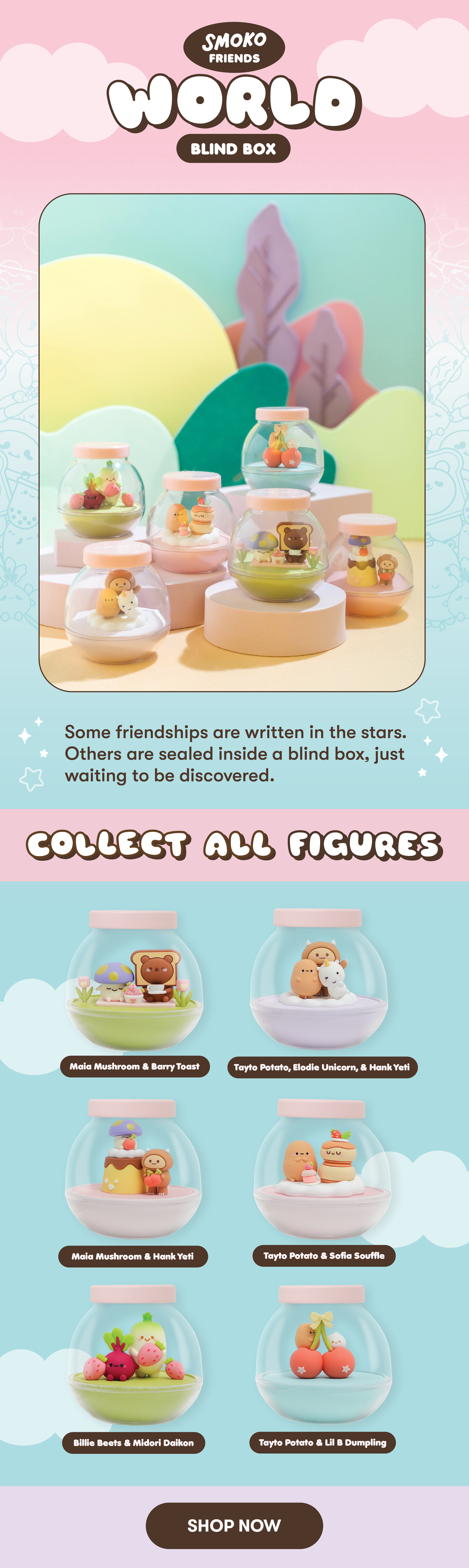 Image features Smoko Friends World Blind Box with six variations of the blind box figure