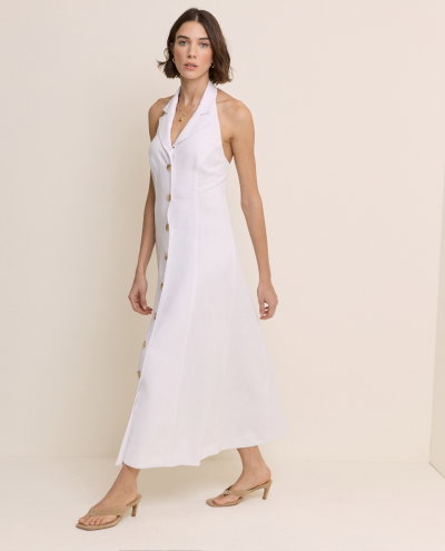 White Linen-Blend Halterneck Tailored Midi Dress