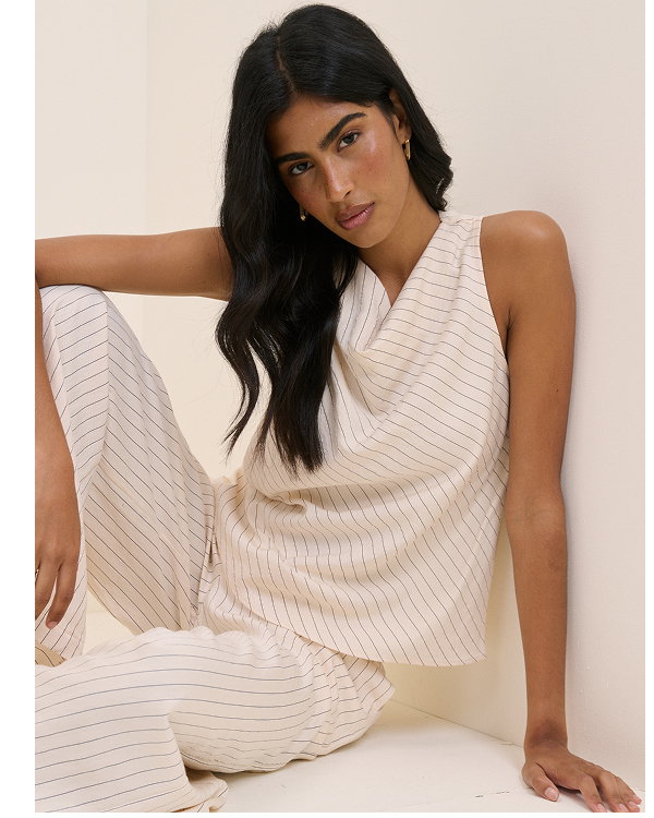 Cream Pinstripe Draped Sleeveless Top