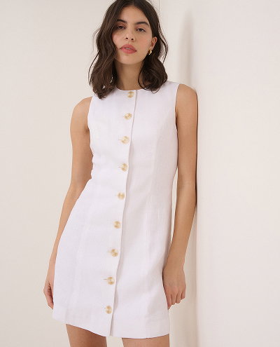 White Linen-Blend Tailored Mini Dress